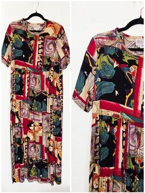 Vintage Colorful Graphic Oversized Babydoll Short Sleeve Dress, S